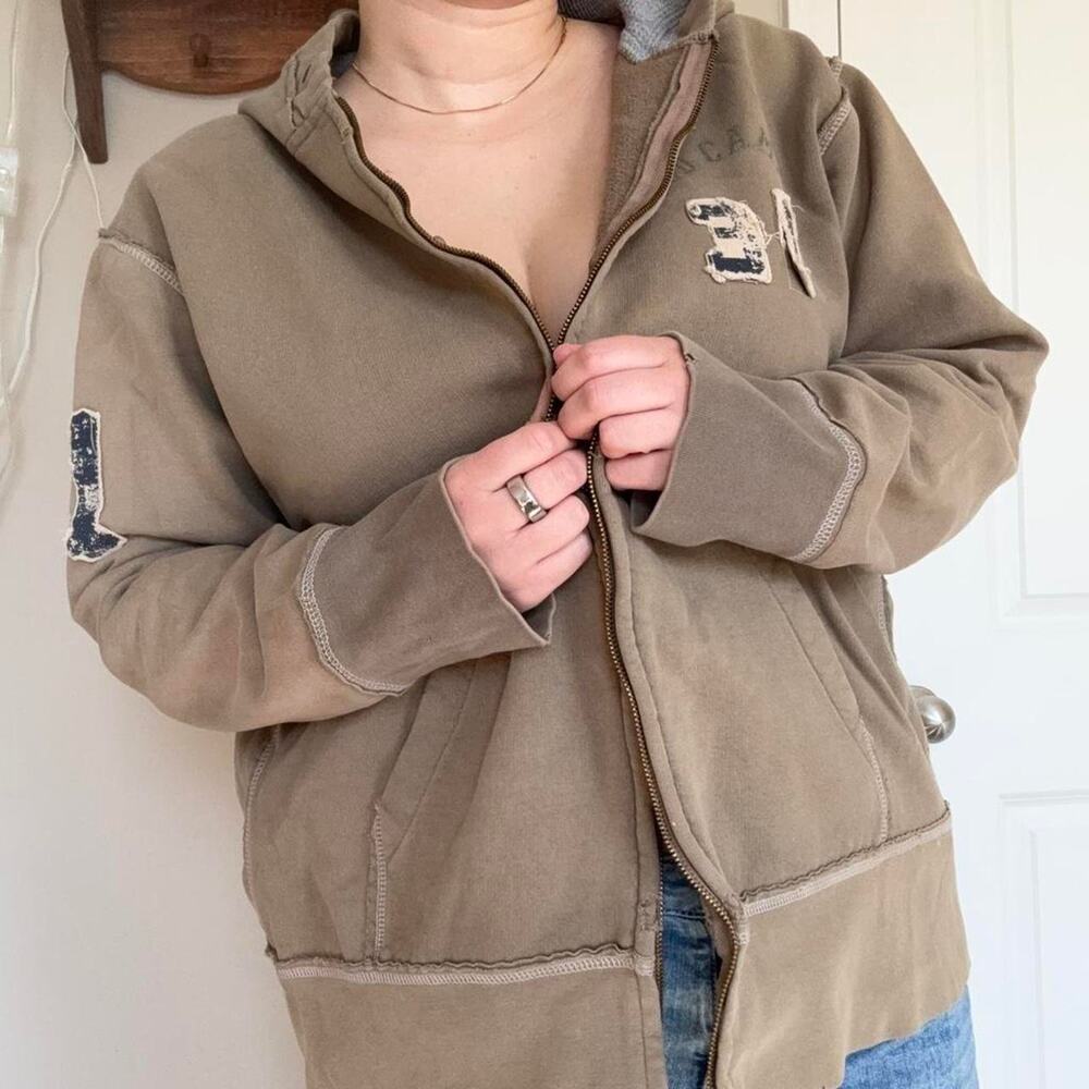 Red camel green faded zip up patchwork hoodie sweatshirt